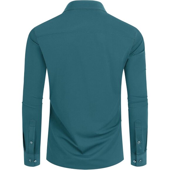 Men's Turquoise Long Sleeve Slim Muscle Fit Wrinkle Free Button Down Dress Shirt - Picture 9 of 9